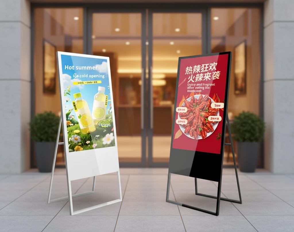 Multi-screen deployment of floor standing digital signage for shopping mall advertising.
